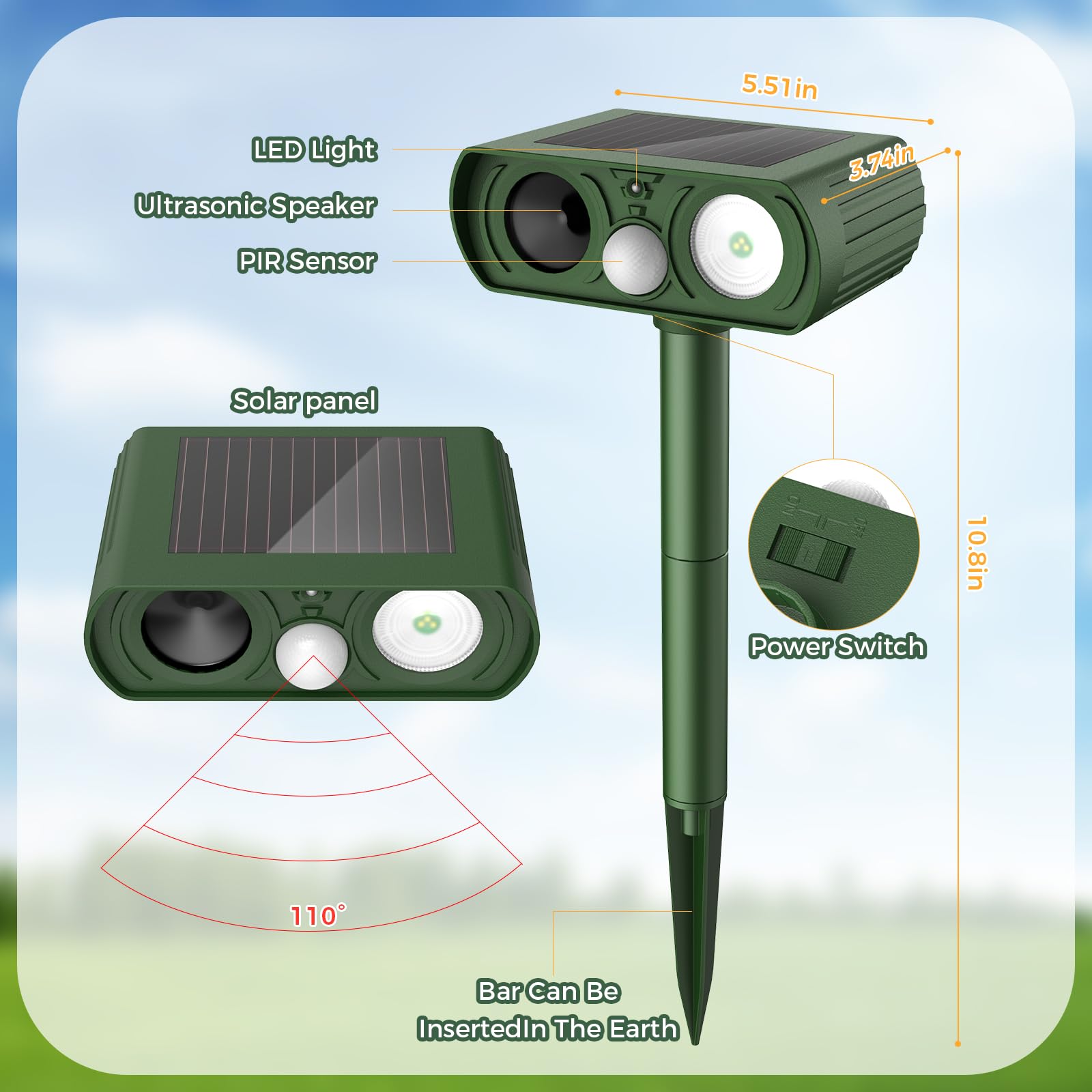 Upgraded Solar Ultrasonic Animal Repellent Outdoor, Deer Repellent Devices Squirrel Cat Raccoon Rabbit Dog Deterrent, Keep Skunk Away Motion Detection with Flash Light for Yard Garden Lawn 2PACKGreen