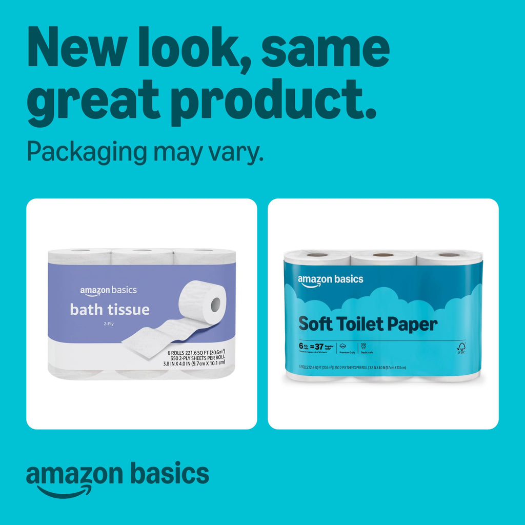 Amazon Basics 2-Ply Soft Toilet Paper, 30 Rolls (5 Packs of 6), 350 Sheets per Roll, Septic Safe, Equivalent to 185 Regular Rolls