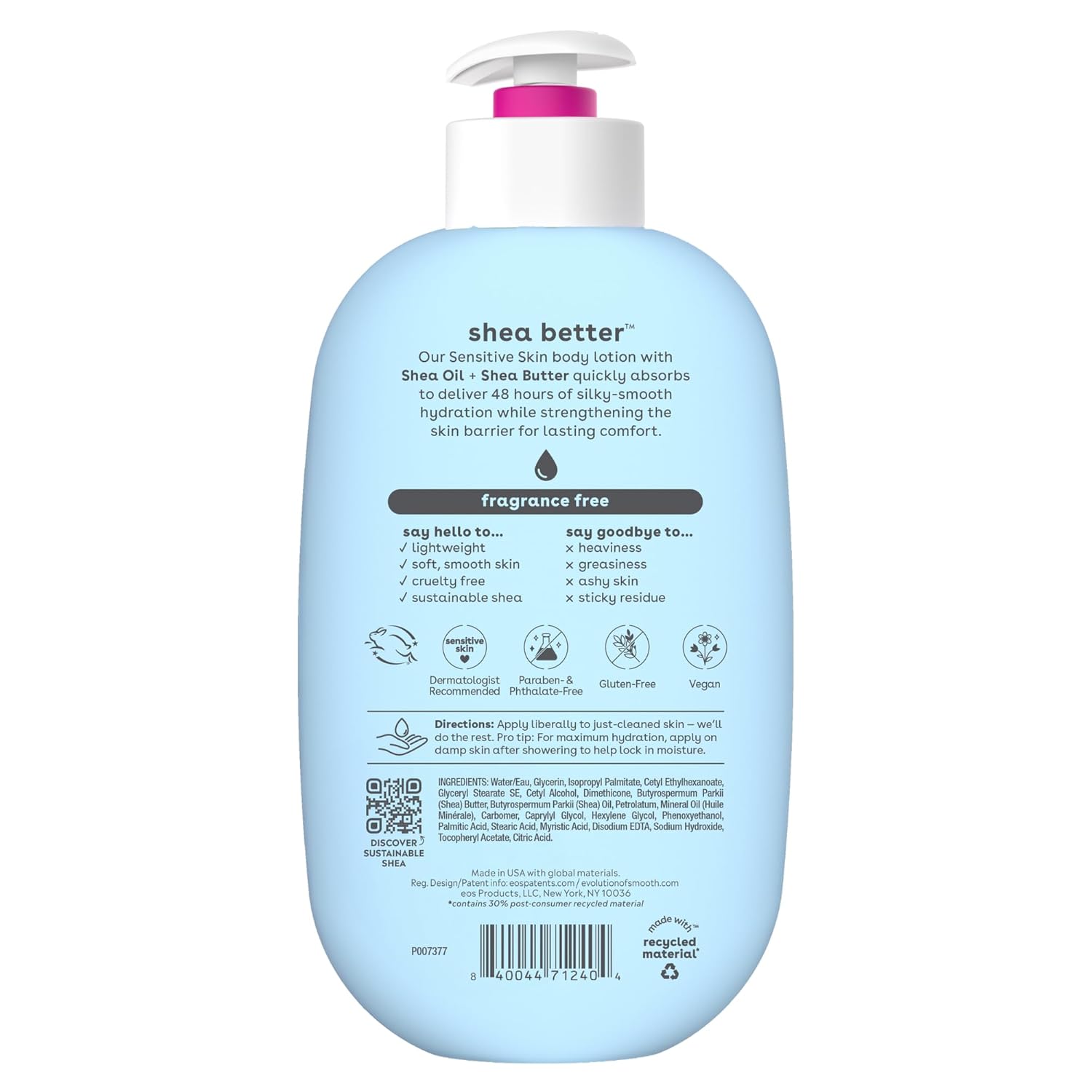eos Shea Better Body Lotion Vanilla Cashmere, 24-Hour Moisture Skin Care, Lightweight & Non-Greasy, Natural Shea, Vegan, Vanilla Body Lotion, 16 fl oz
