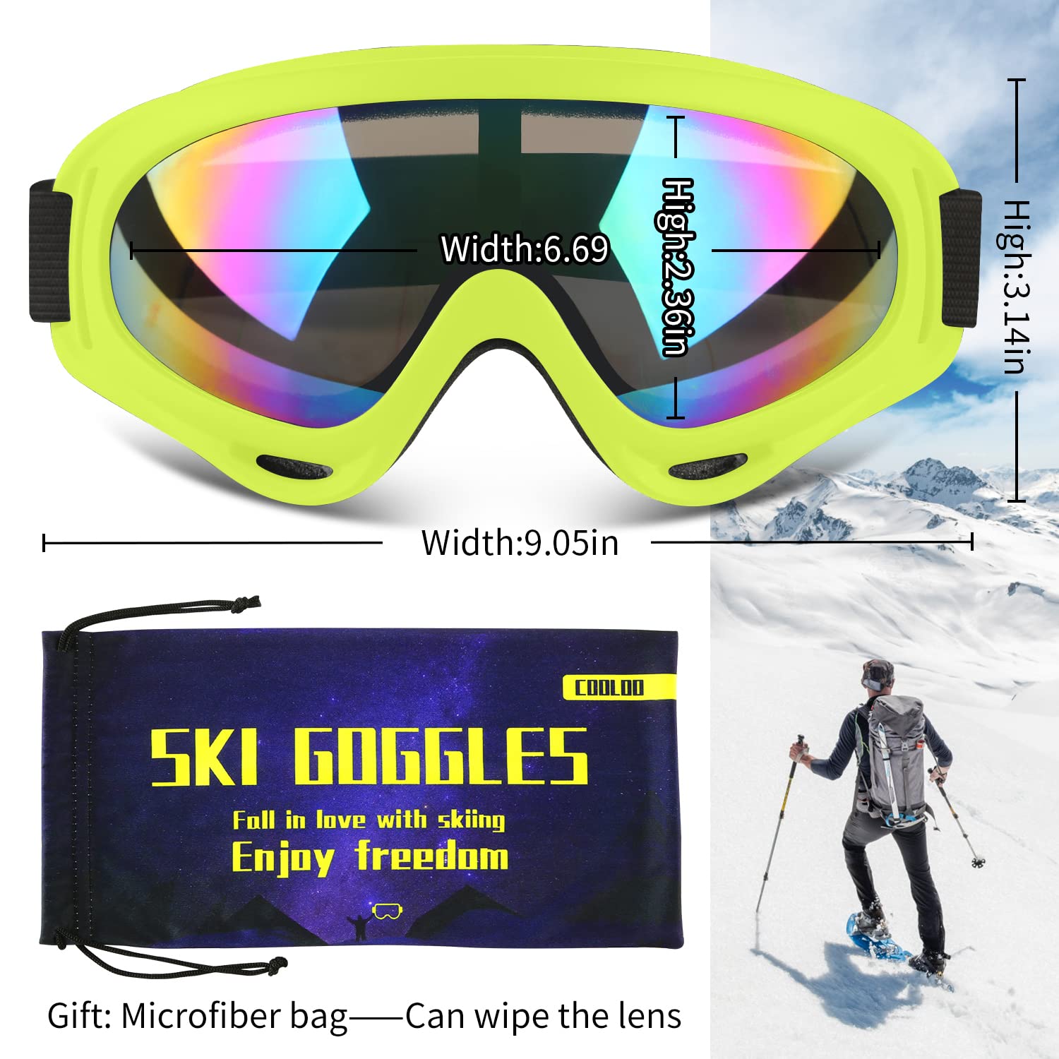 COOLOO Ski Goggles, 2 Pack Snow Goggles Snowboard Goggles for Men Women Kids - UV Protection Foam Anti-Scratch Dustproof