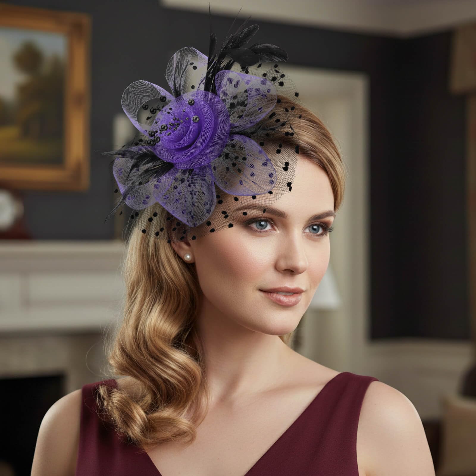 DRESHOW Fascinators Hat Flower Mesh Ribbons Feathers on a Headband and a Clip Tea Party Headwear for Girls and Women