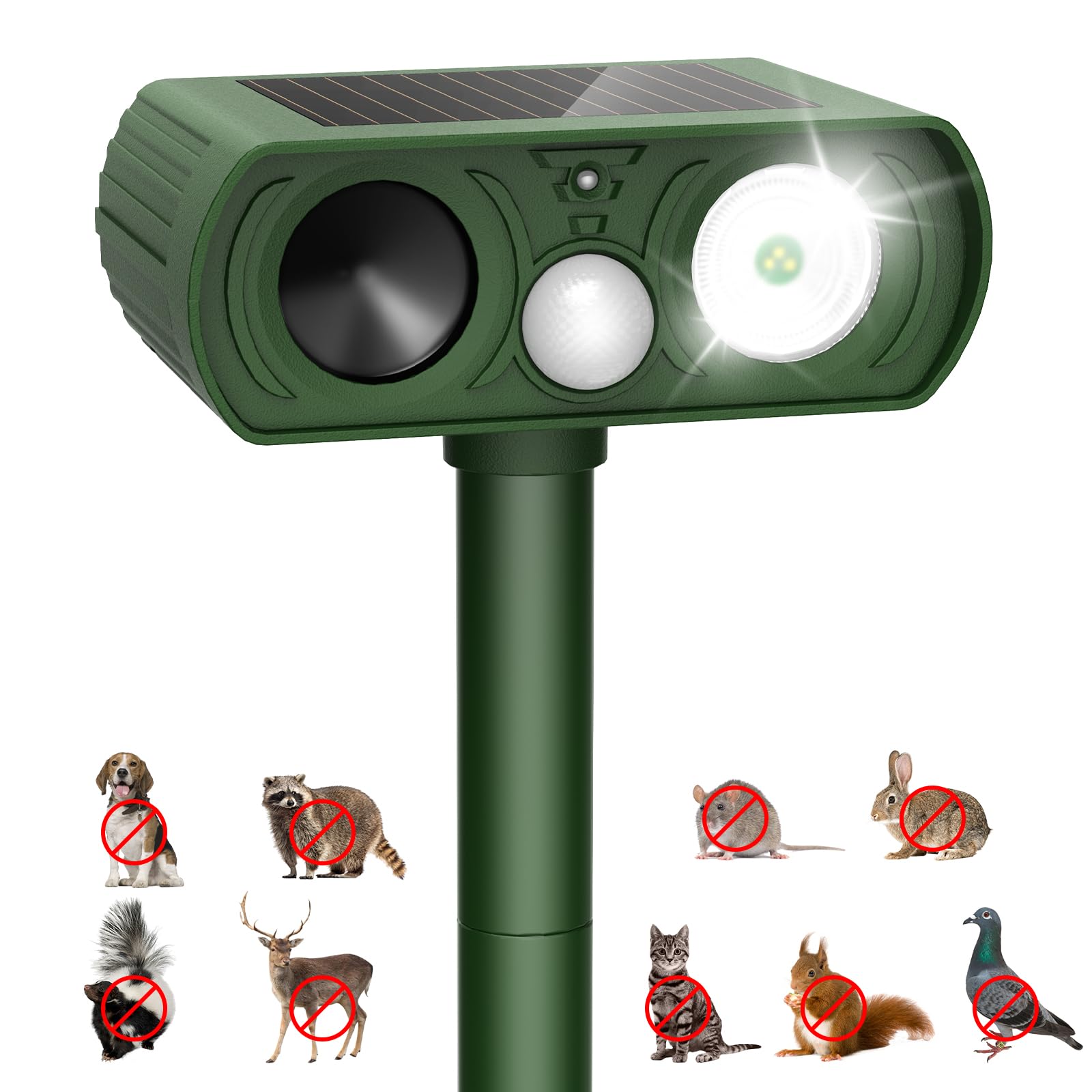 Upgraded Solar Ultrasonic Animal Repellent Outdoor, Deer Repellent Devices Squirrel Cat Raccoon Rabbit Dog Deterrent, Keep Skunk Away Motion Detection with Flash Light for Yard Garden Lawn 2PACKGreen