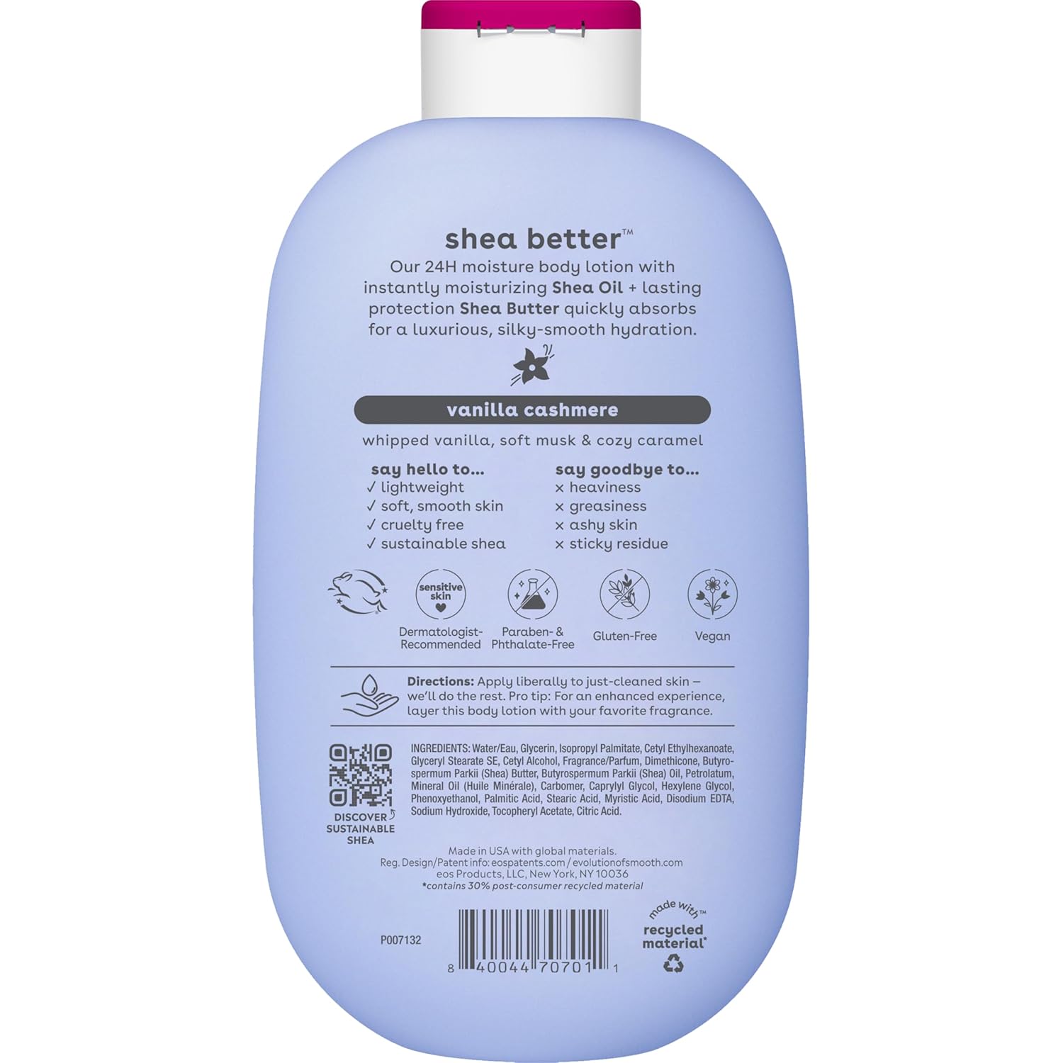 eos Shea Better Body Lotion Vanilla Cashmere, 24-Hour Moisture Skin Care, Lightweight & Non-Greasy, Natural Shea, Vegan, Vanilla Body Lotion, 16 fl oz