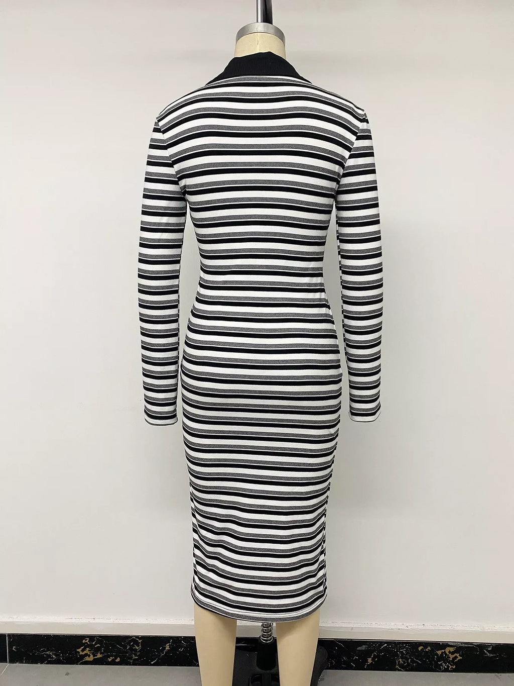 Striped Polo Collar Midi Dress – Black