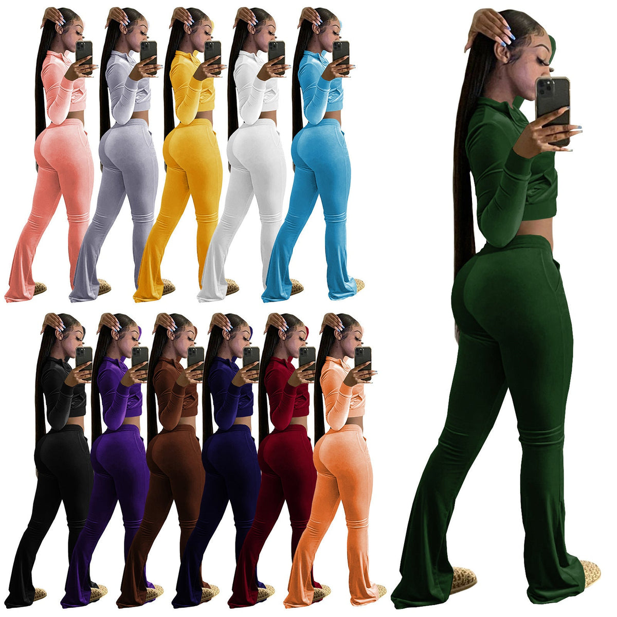 European And American Women's Clothing Autumn And Winter New Set, Two-Piece Crop Top Set For Women, Casual Sports Commuter Style, Flared Pants, Short Style