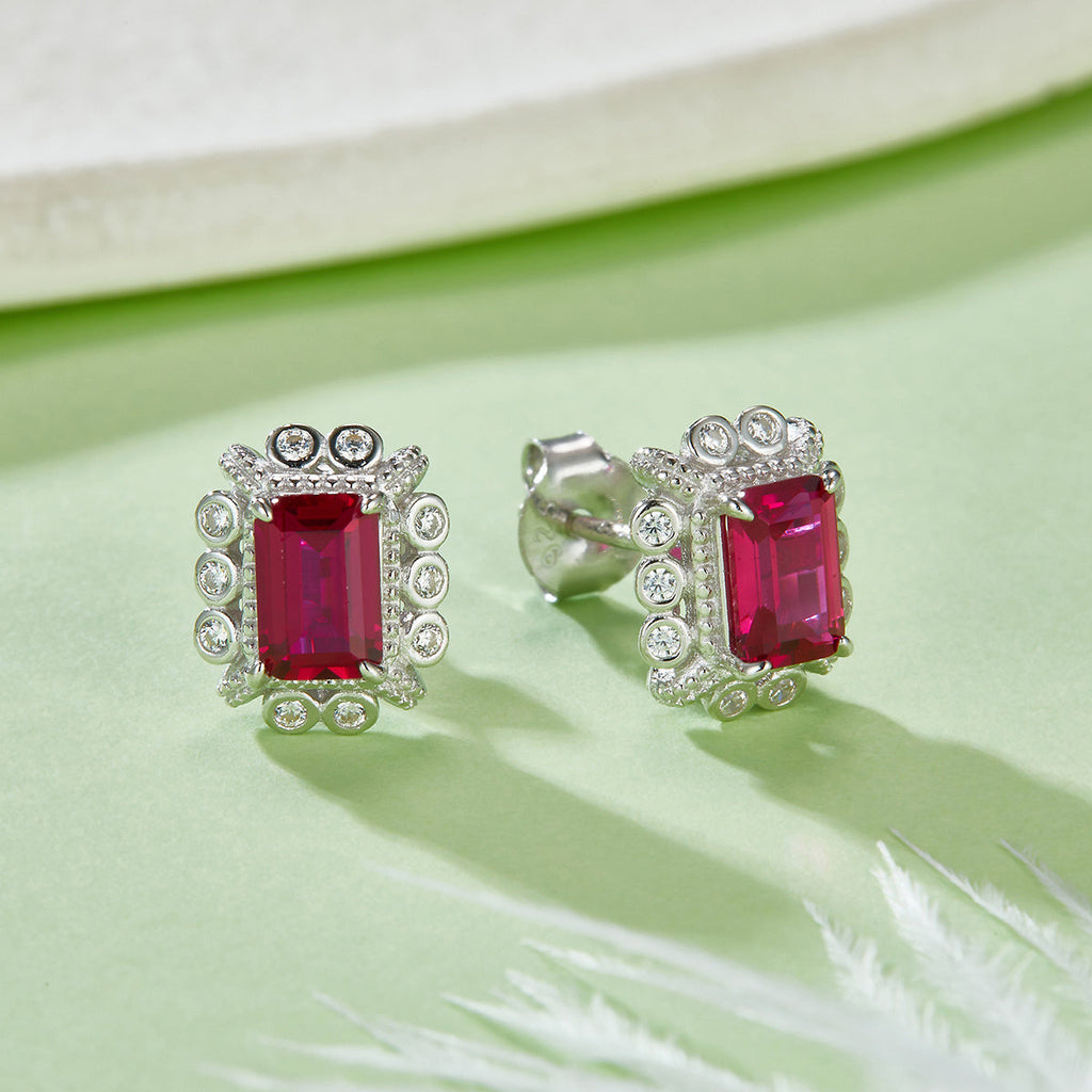 S925 Silver 2.2g Platinum Plated 1.6ct Lab-Created Ruby Stud Earrings, 6x4mm Emerald Cut, Pair