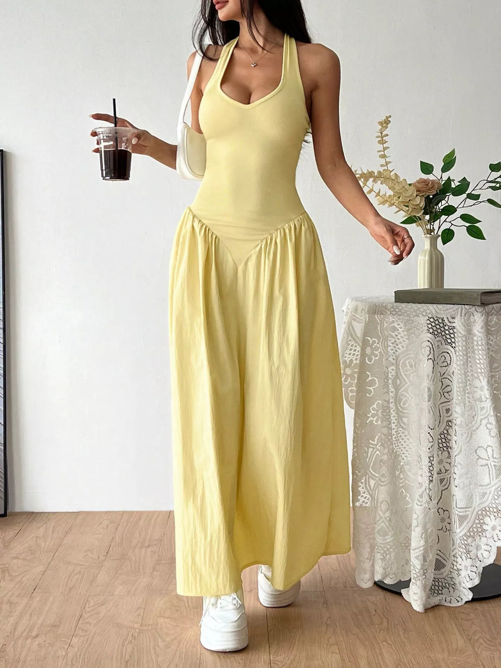Halter Neck Ruched Maxi Dress – Yellow