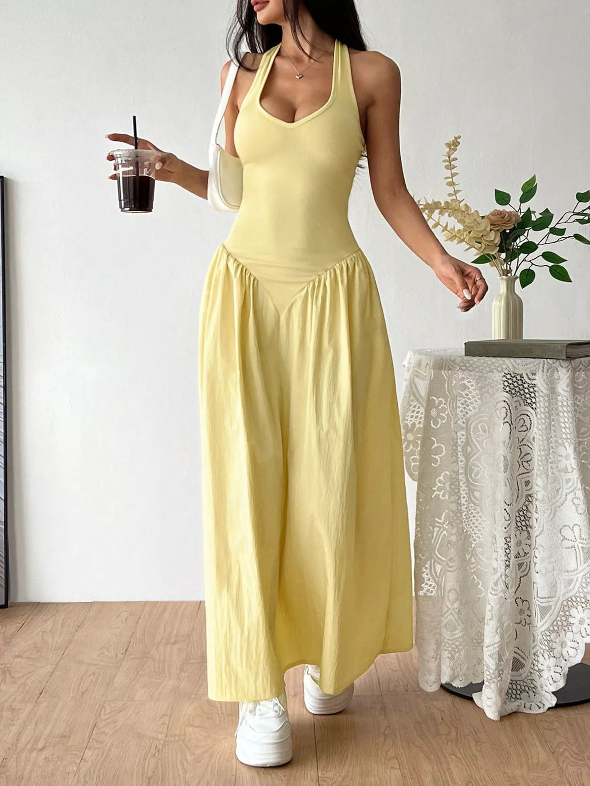 Halter Neck Ruched Maxi Dress – Yellow