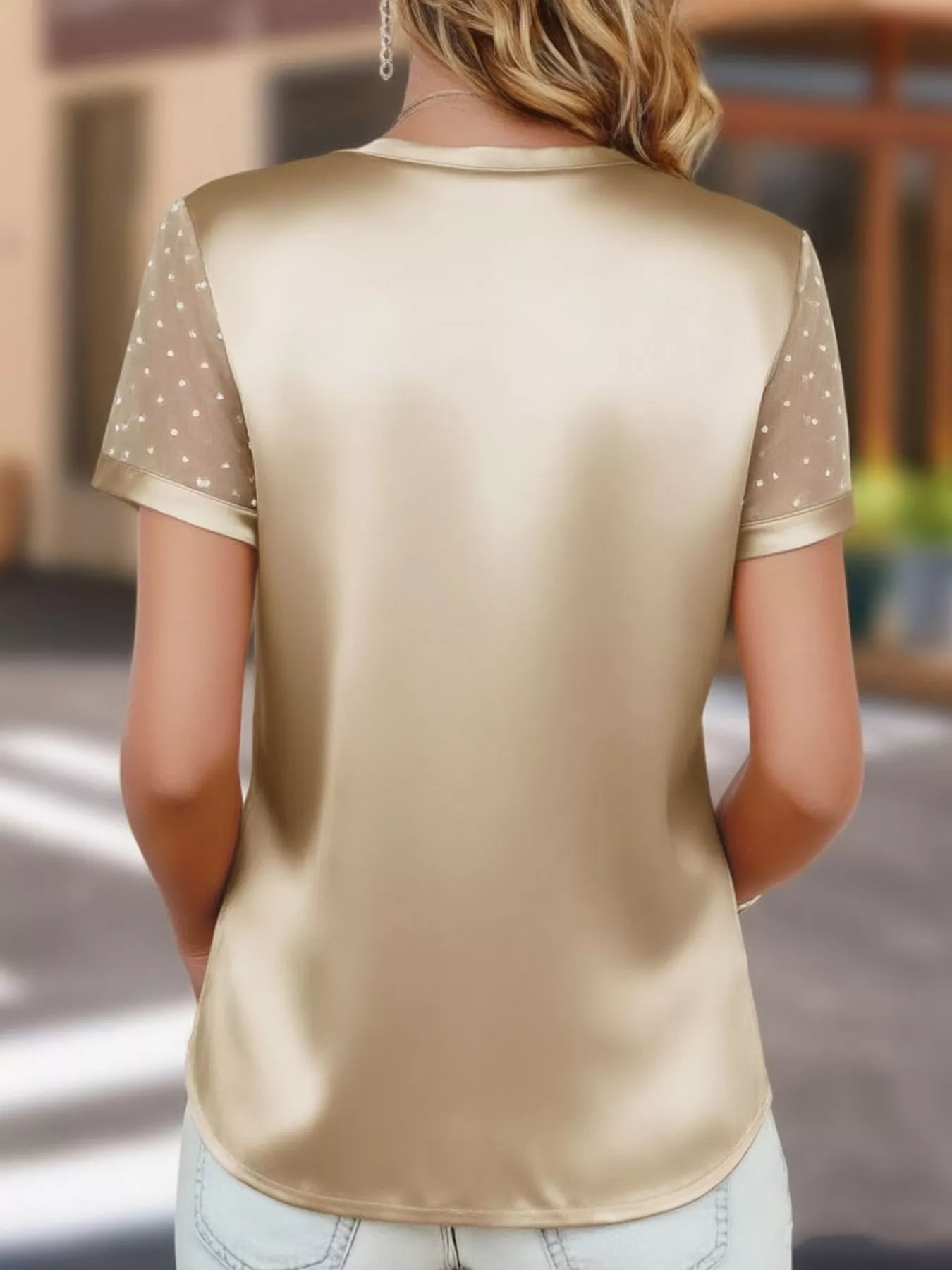 Satin V-Neck Sheer Short Sleeve Top