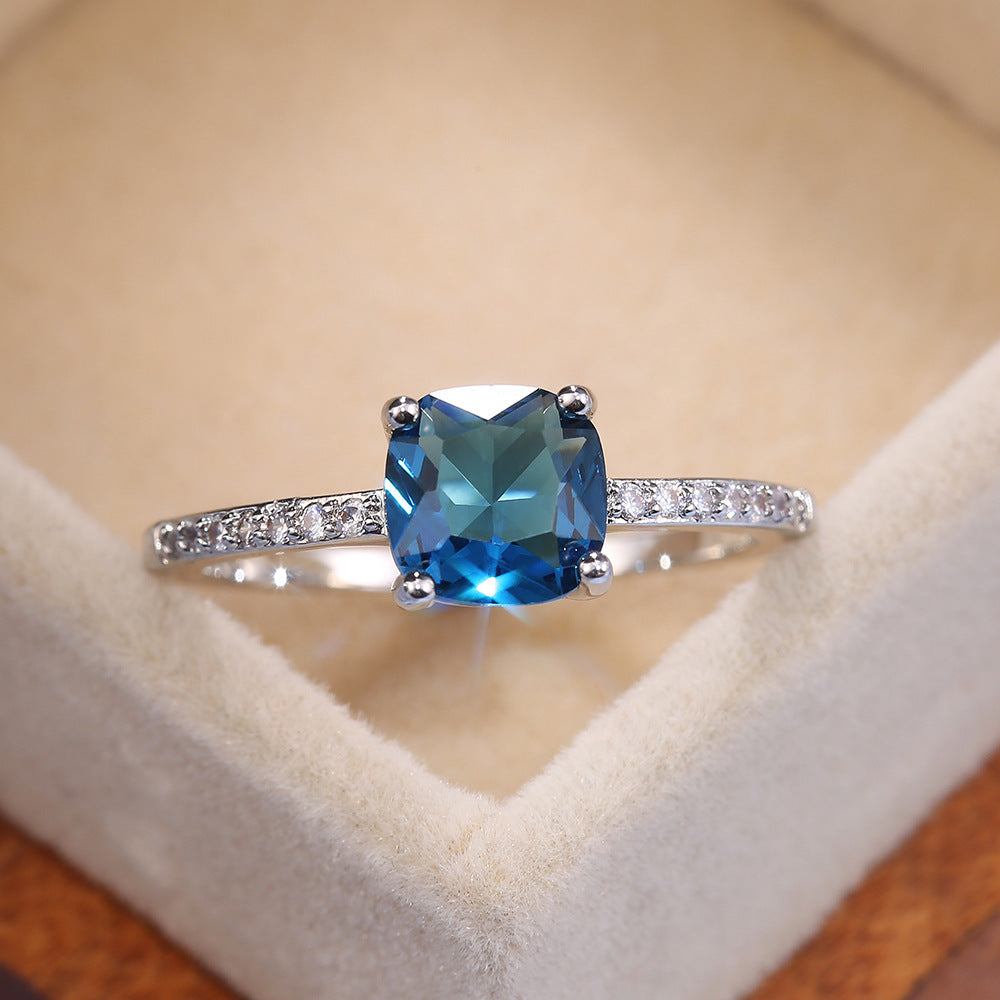 Micro-paved Zircon Royal Blue Square-cut Ring For Women