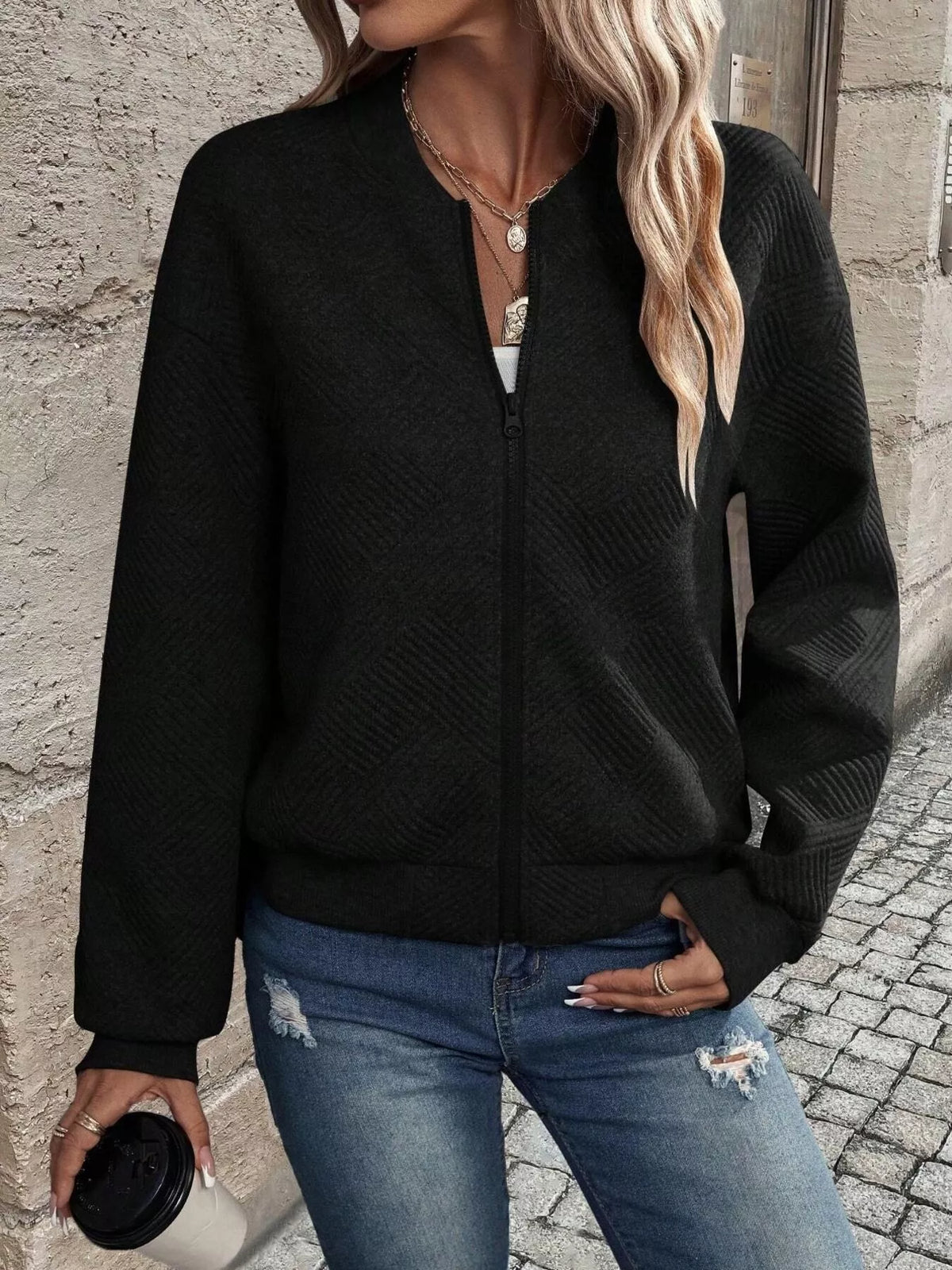 Texture Zip-Up Bomber Jacket