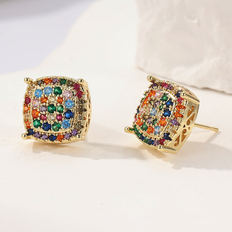 Colorful Square Crystal Stud Earrings Brass Women Turquoise Multicolor Silver Gold Elegant Party Fashion Jewelry