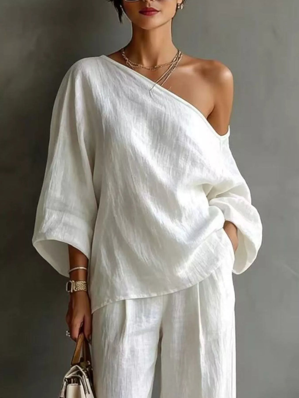One Shoulder Top and Wide Leg Pants Set