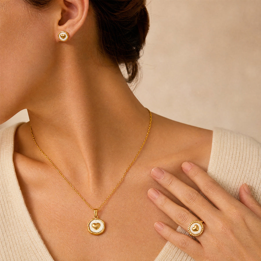 18K Gold Plated Stainless Steel Heart Jewelry Set For Women, White Enamel Round Coin Pendant Necklace Stud Earrings Open Adjustable Ring, Dainty Love Theme Jewelry Gift