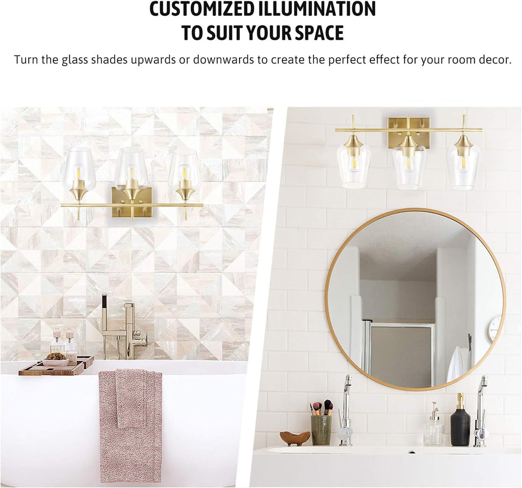 VONLUCE Bathroom Vanity Light, 3 Light Bathroom Light Fixture Over Mirror, Bathroom Wall Lamp with Clear Glass, Modern Gold Vanity Lighting fixtures