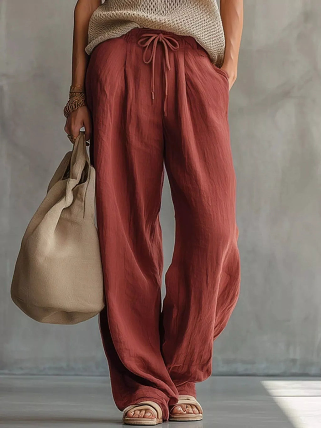 Openwork Knit Top and Wide-Leg Pant Set