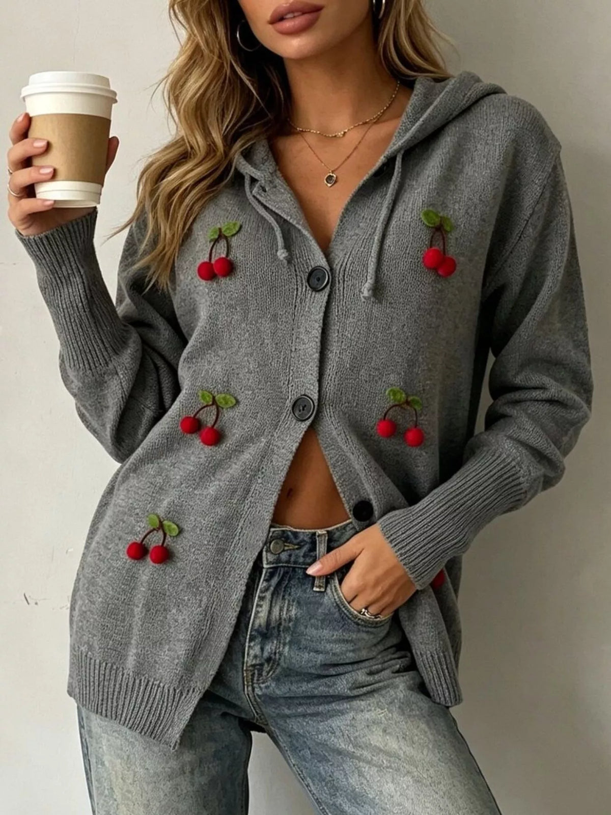 Full Size 3D Cherry Applique Hooded Cardigan Plus Size