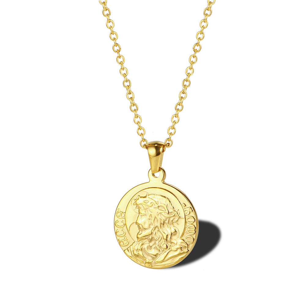 Geometric Profile Coin Titanium Steel Necklace