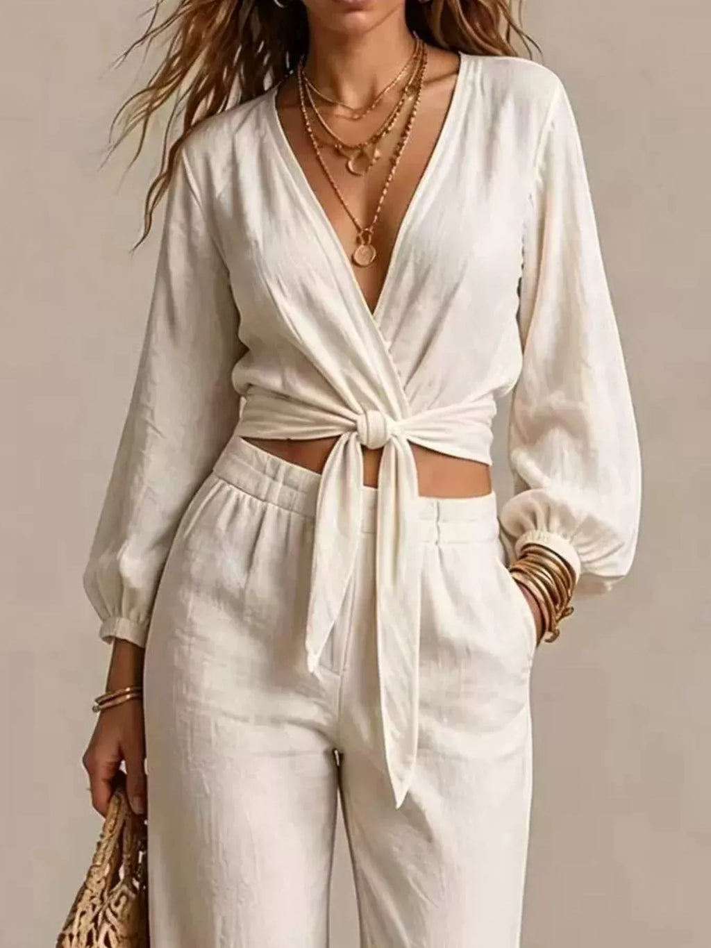Tie-Front Crop Top and Wide-Leg Pant Set