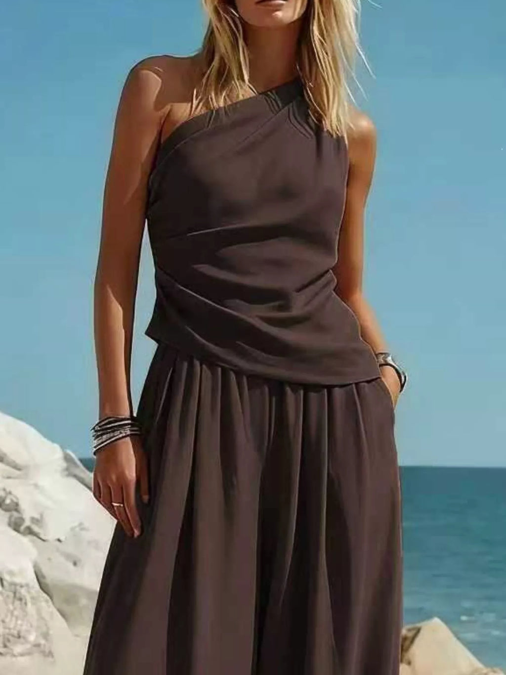 Full Size One-Shoulder Sleeveless Top and Harem Pants Set Plus Size