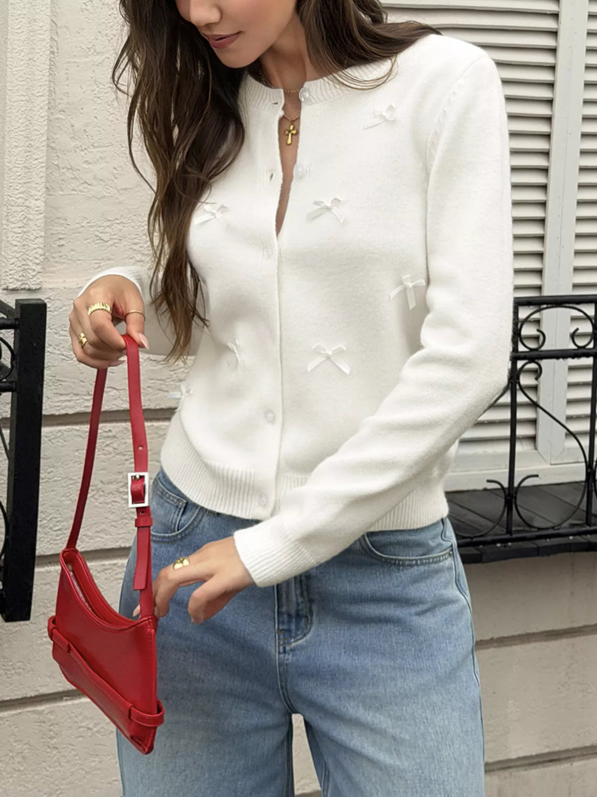 Bow Button Up Knit Cardigan