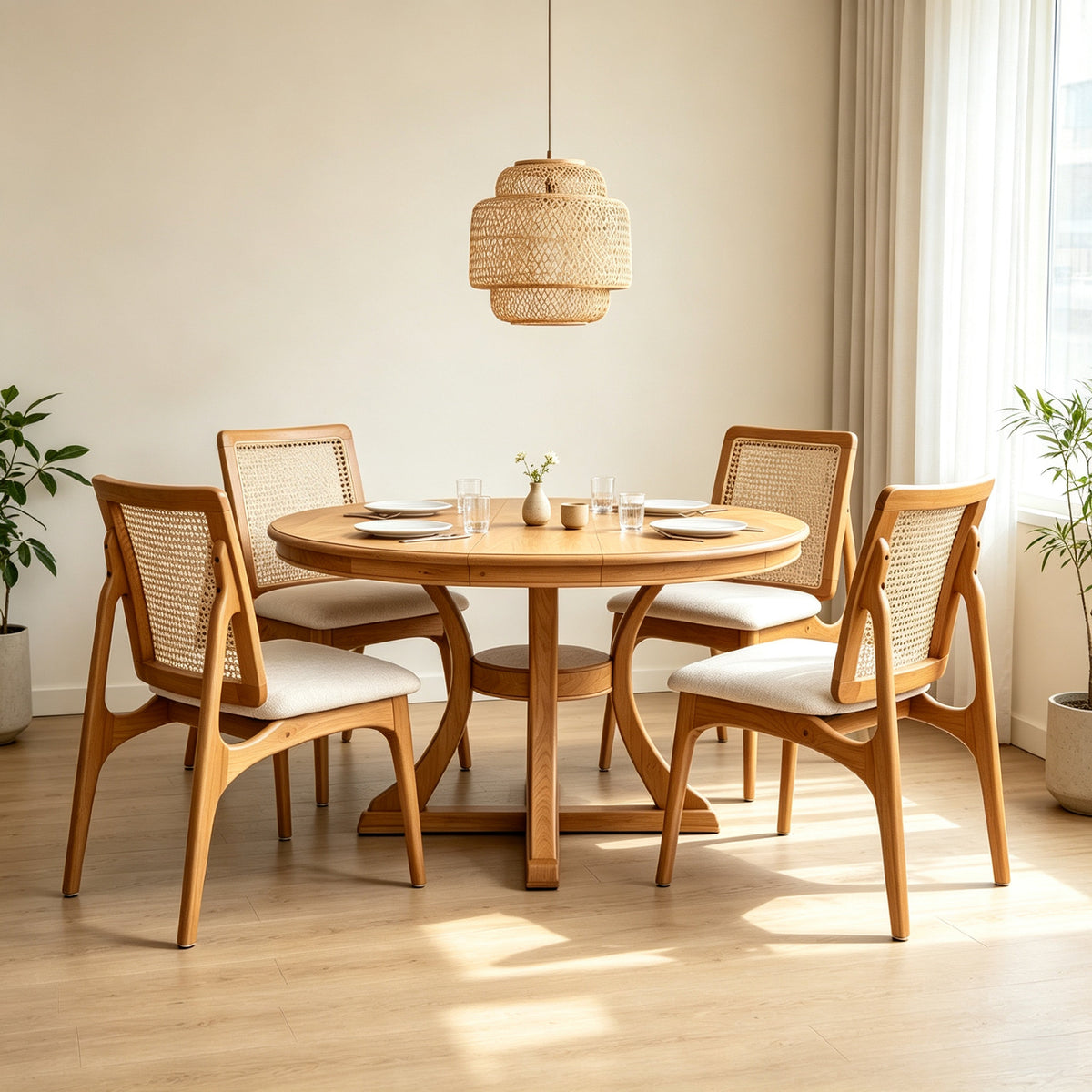 5-Piece Round Extendable Dining Set with Rattan Chairs