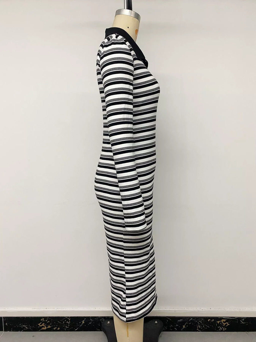Striped Polo Collar Midi Dress – Black