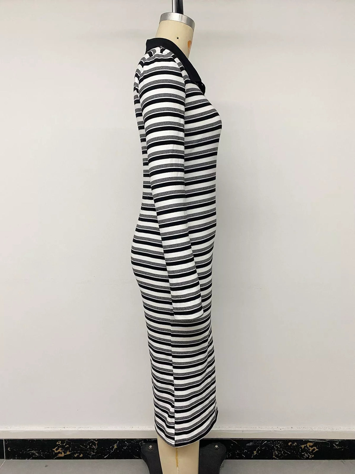 Striped Polo Collar Midi Dress – Black
