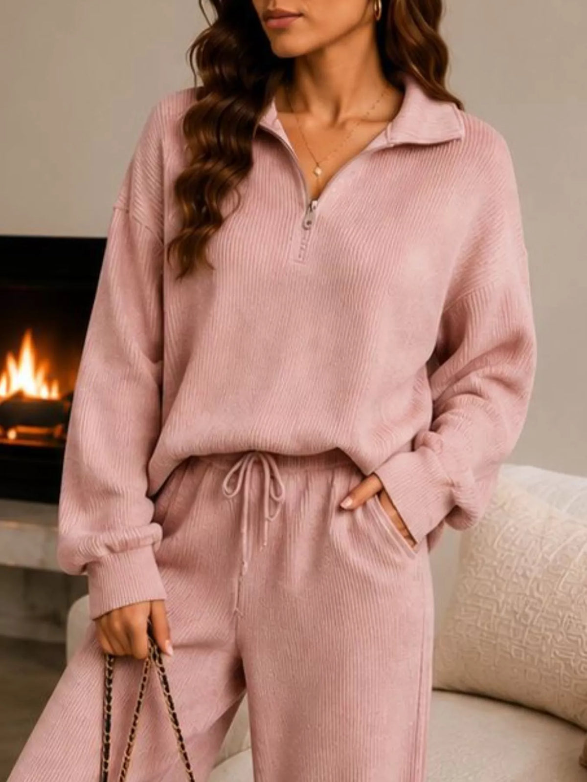 Ribbed Knit Quarter-Zip Top and Wide-Leg Pants Set