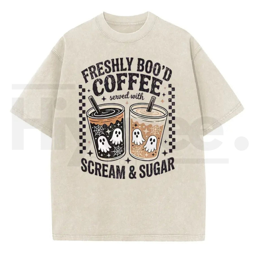 Holafish Funny Scream & Sugar Ghost Coffee T-Shirt – Retro Washed Oversized Fall Graphic Cotton Tee