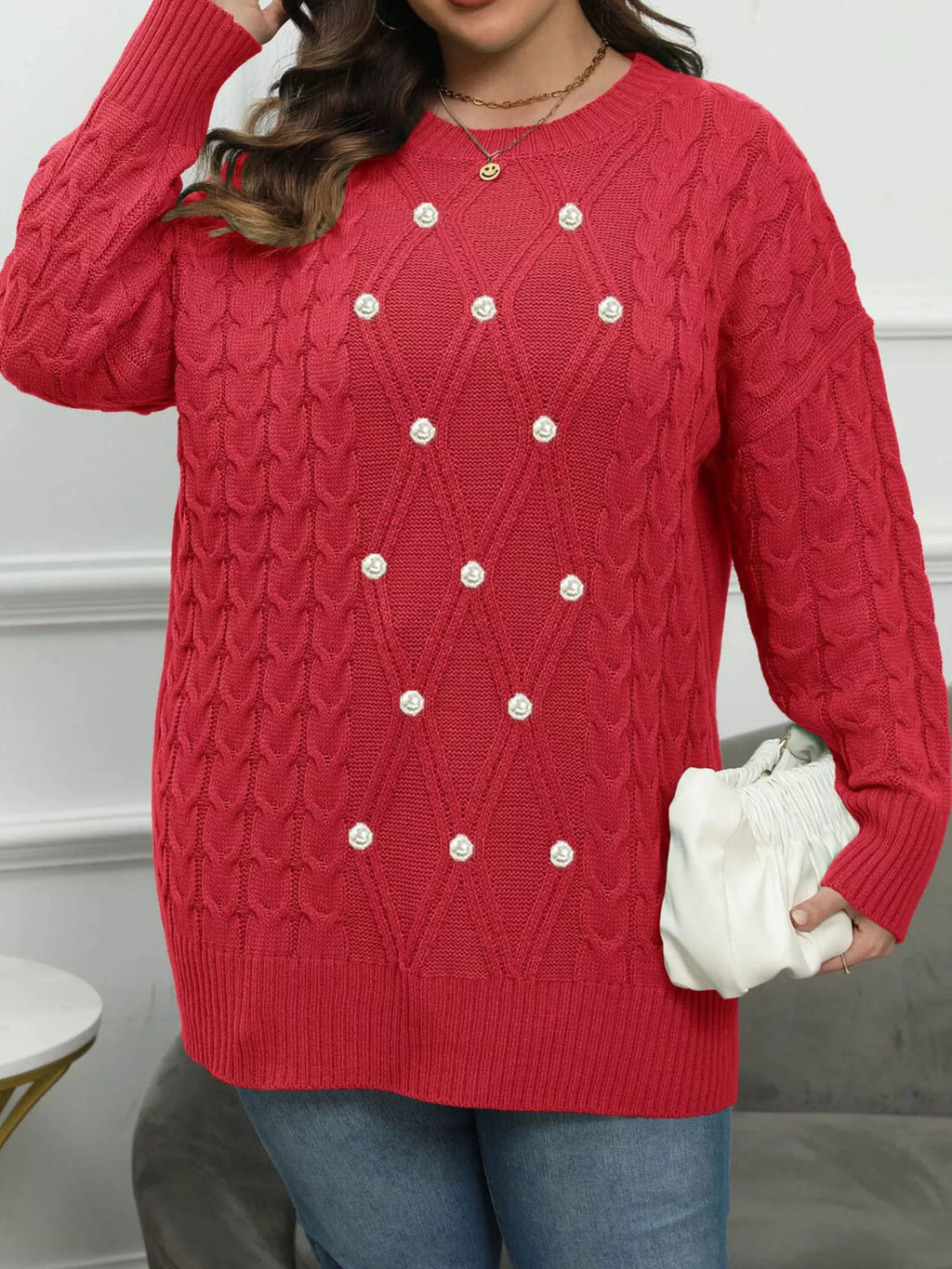 Plus Size Cable Knit Dropped Shoulder Sweater