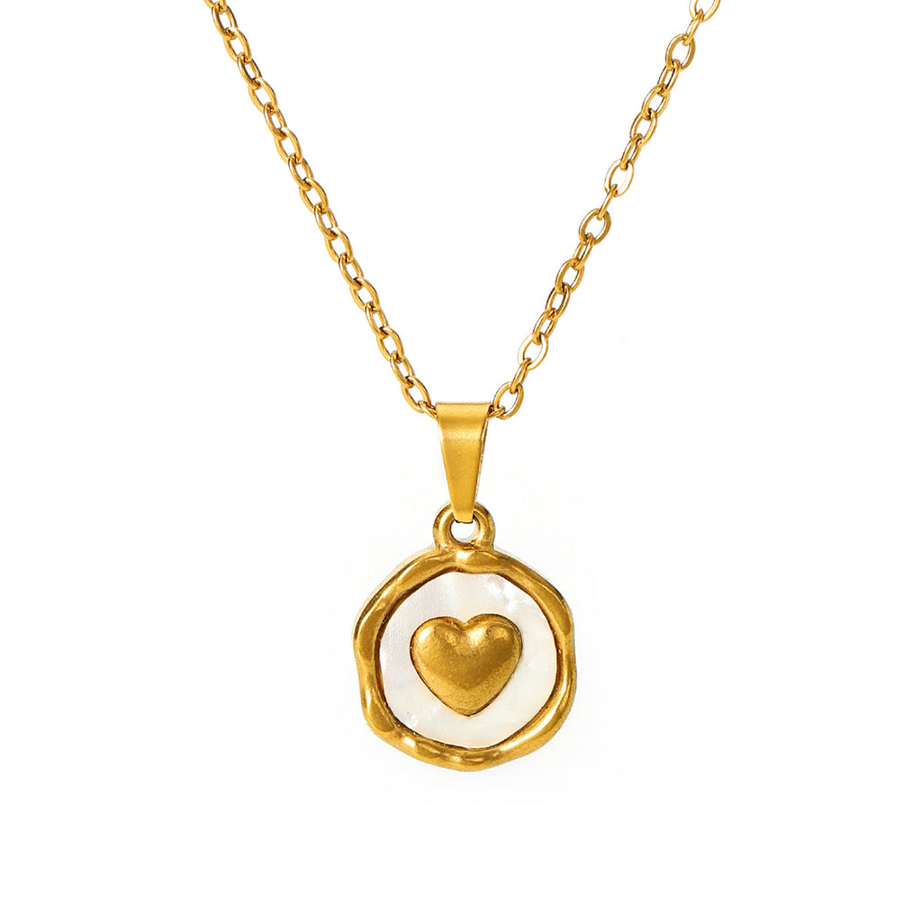 18K Gold Plated Stainless Steel Heart Jewelry Set For Women, White Enamel Round Coin Pendant Necklace Stud Earrings Open Adjustable Ring, Dainty Love Theme Jewelry Gift