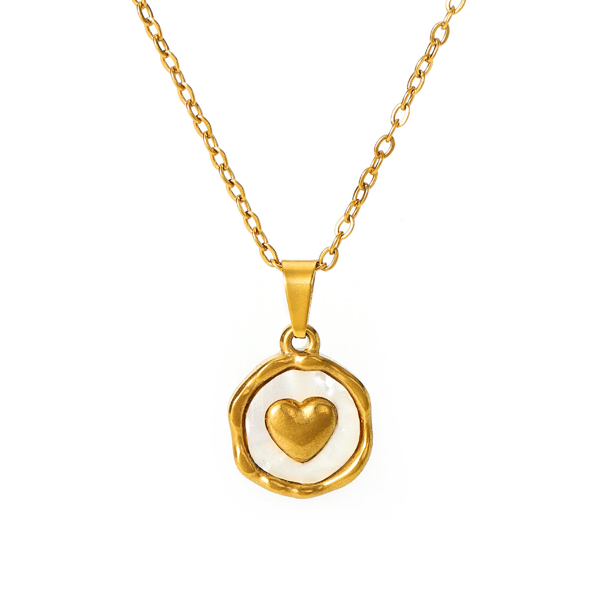 18K Gold Plated Stainless Steel Heart Jewelry Set For Women, White Enamel Round Coin Pendant Necklace Stud Earrings Open Adjustable Ring, Dainty Love Theme Jewelry Gift