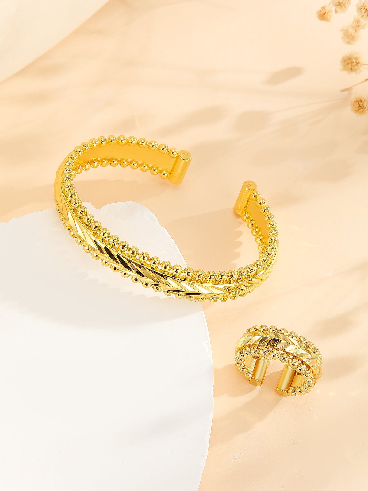2pcs Vintage Gold Plated Bracelet, Open Bracelet Ring Jewelry, Women's Festival Wedding Jewelry Set