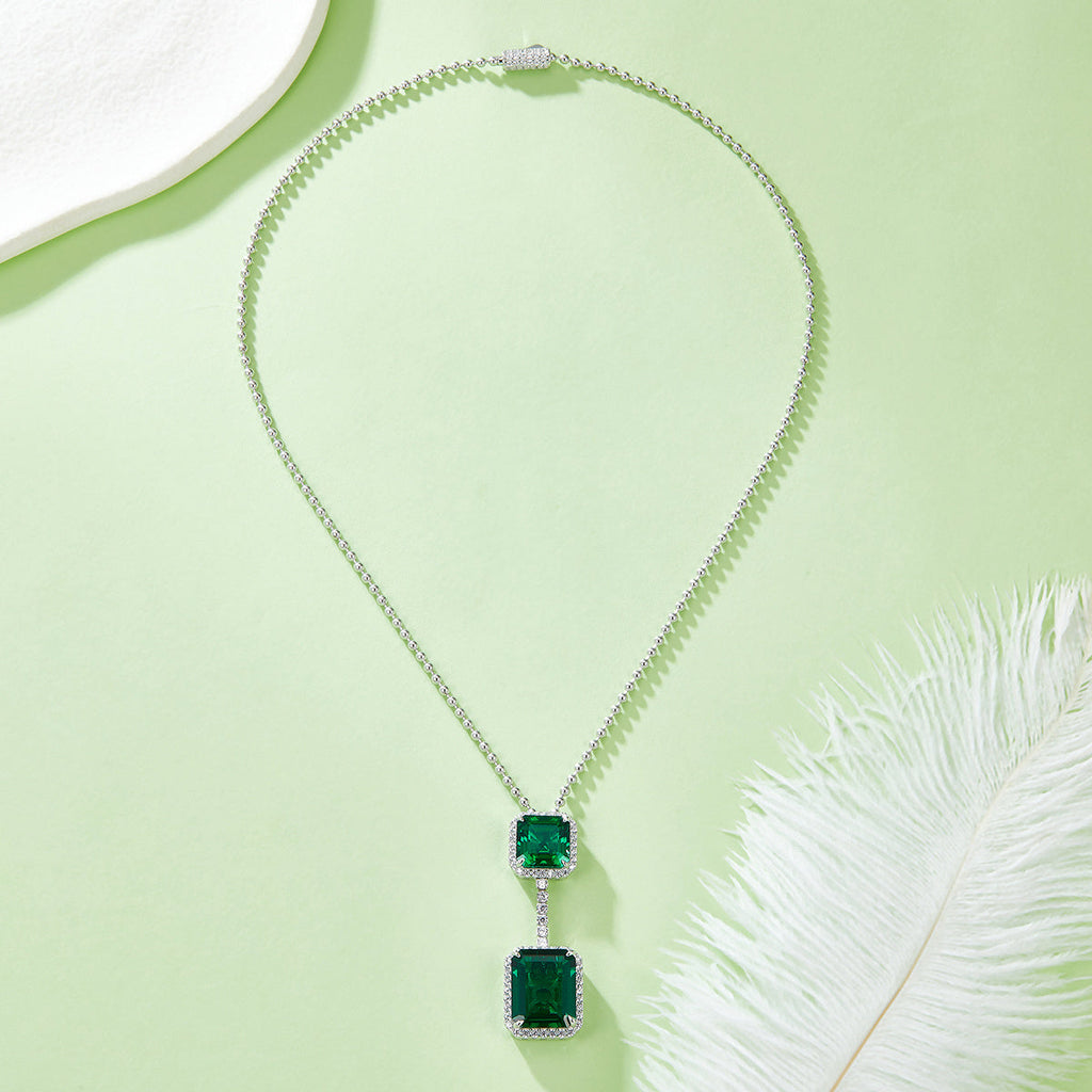 S925 Silver 12.9g 12.7ct Lab-Created Emerald Necklace, 15x12mm & 10x10mm Double Drop, 40cm