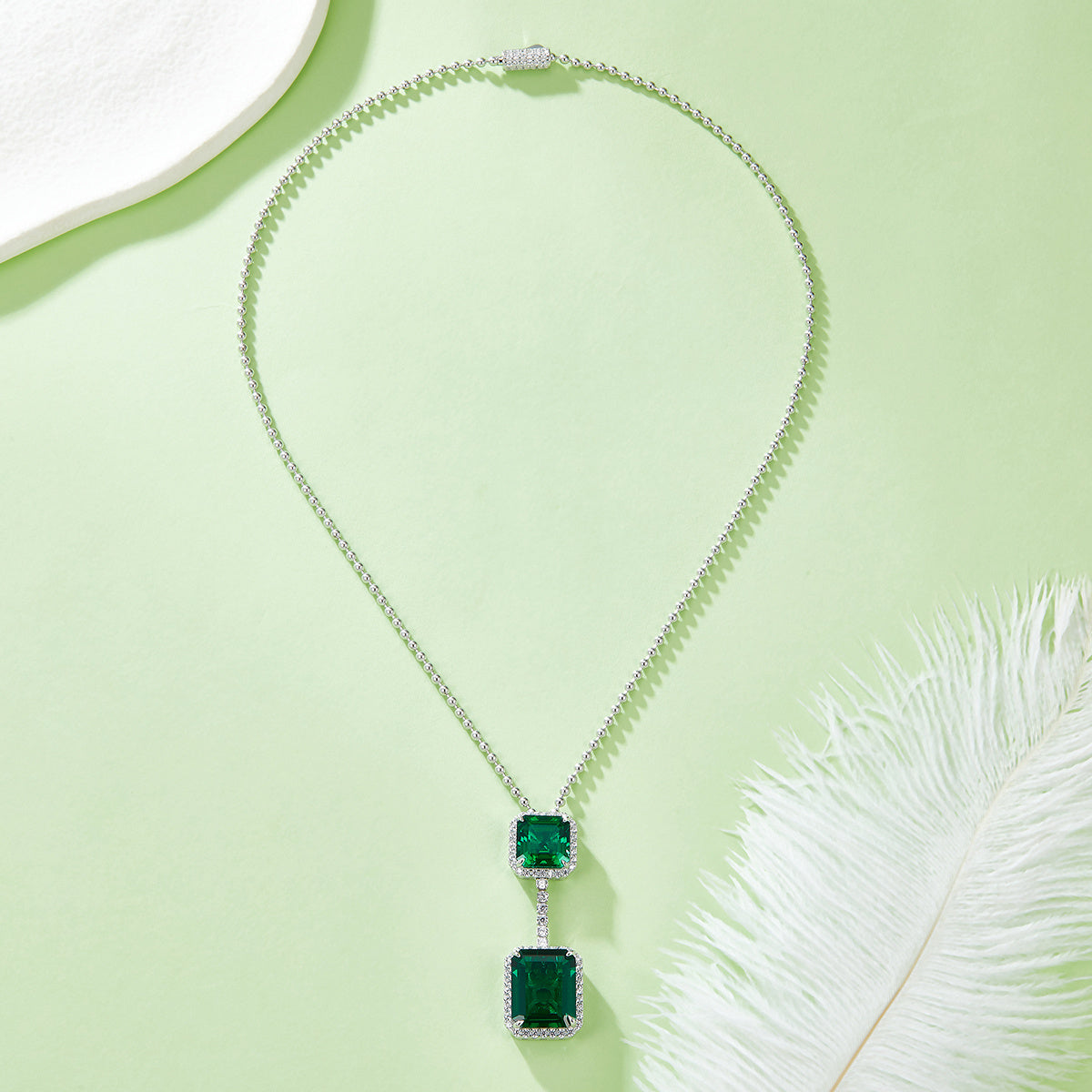 S925 Silver 12.9g 12.7ct Lab-Created Emerald Necklace, 15x12mm & 10x10mm Double Drop, 40cm