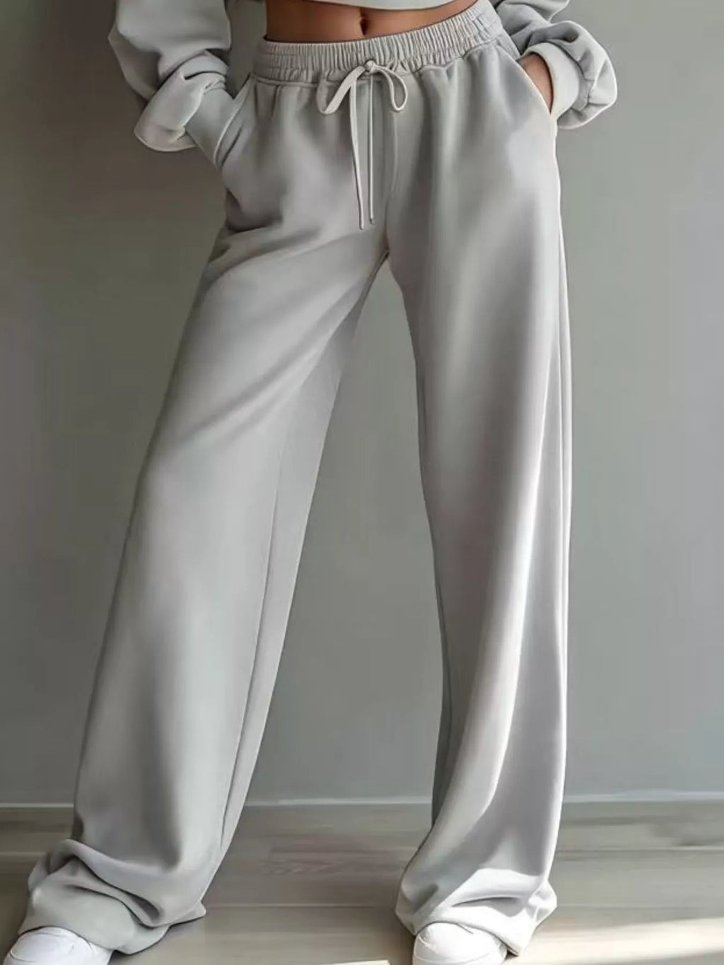 Round Neck Cropped Sweatshirt and Wide-Leg Pants