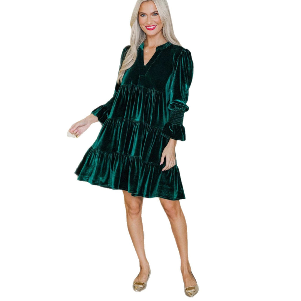 Long Sleeve Christmas Skirt Velvet Cake Dresses With Puffy Sleeves And V-Neck Mini Skirt Elegant Short Dress For Women New Year Party Clothing