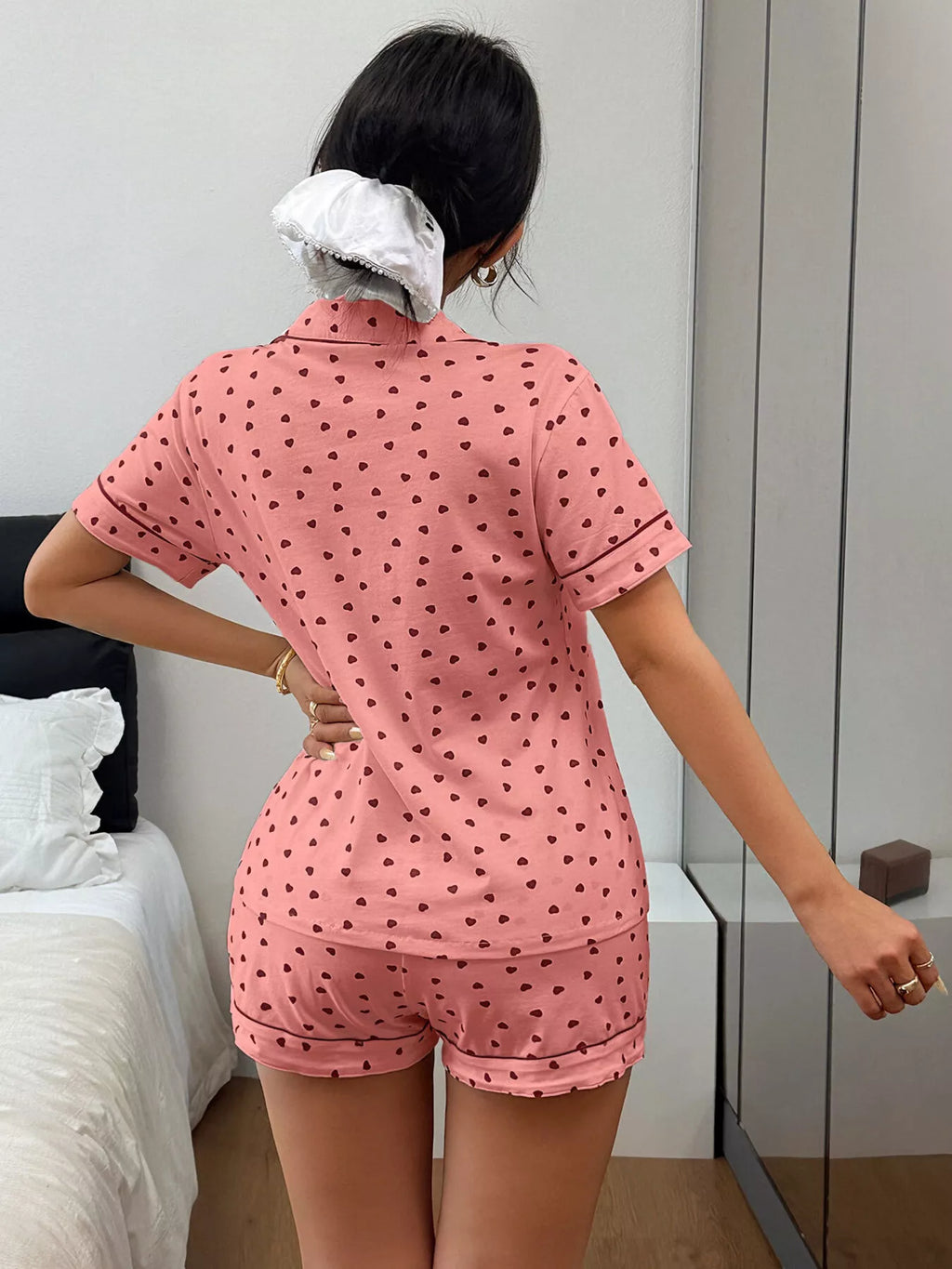 Heart Print Button-Down Short Sleeve Top and Shorts Lounge Set