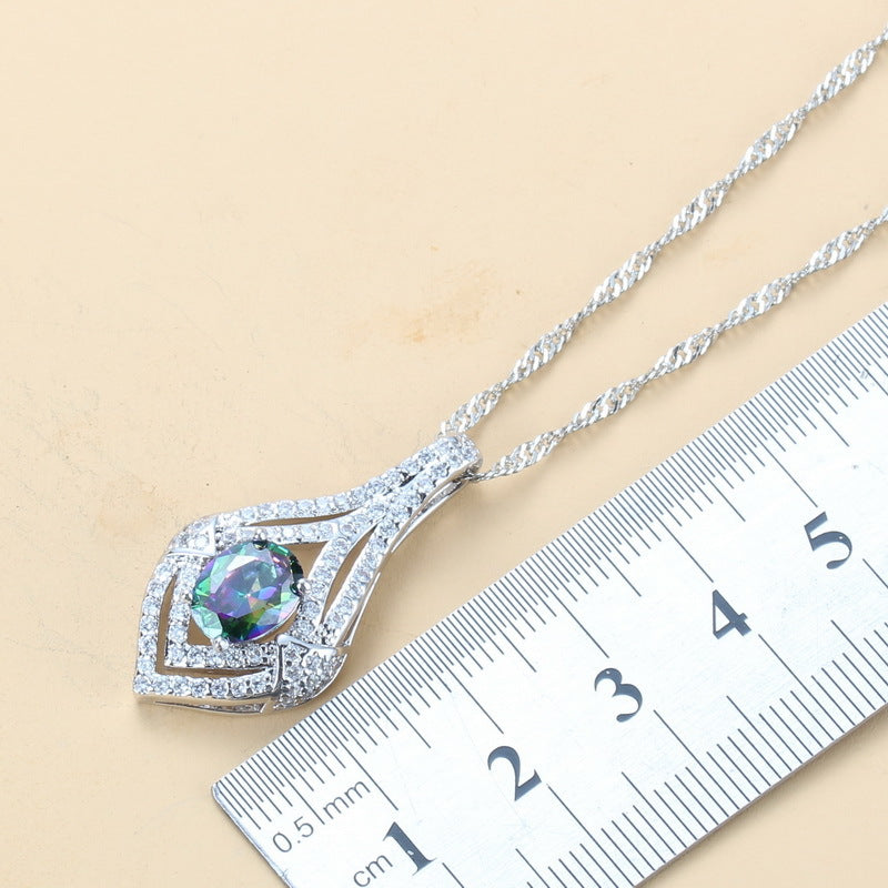 Inlaid Gemstone Pendant Earrings Necklace And Ring For Women 4 PCs Set