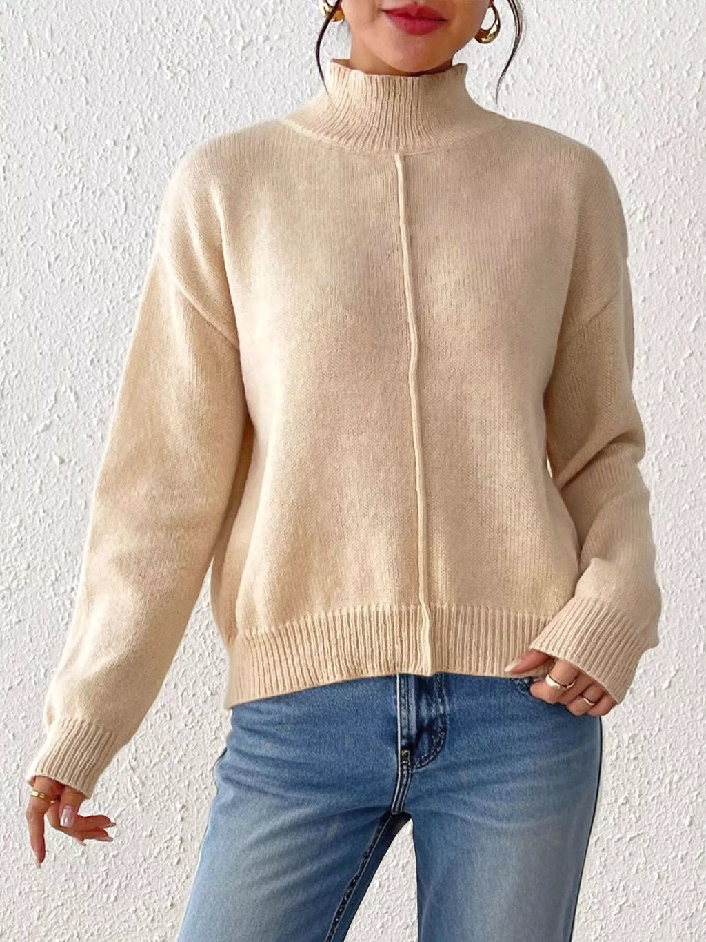 Center Seam Detail Turtleneck Sweater