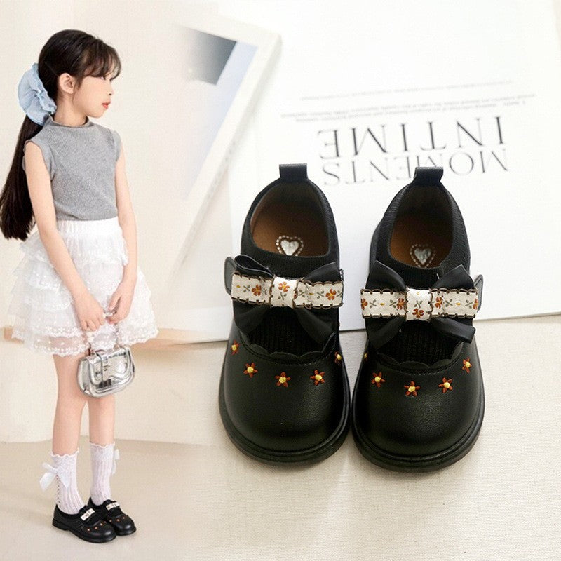 Girls Bow Flat Shoes, Pastoral Style Leather Shoes, 2025 Summer Style, Little & Big Kids, Princess Versatile Casual Shoes