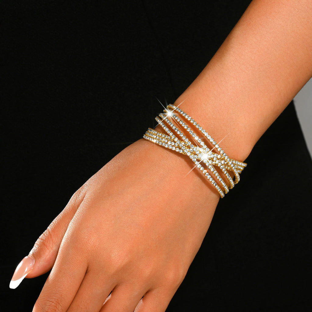 Eco-friendly Full Zircon Cross C Shape Wide Open Elastic Bangle Statement Women Wrist Jewelry For Banquet Party Occasions