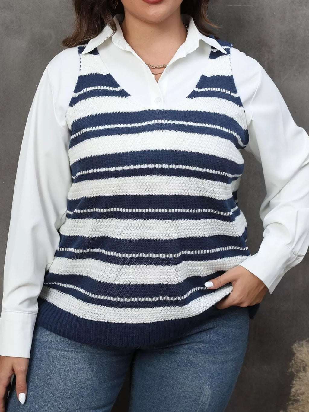 Plus Size Striped V-Neck Knit Sweater Vest
