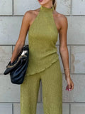 Sleeveless Top and Wide-Leg Pants Two-Piece Set – Green / Khaki
