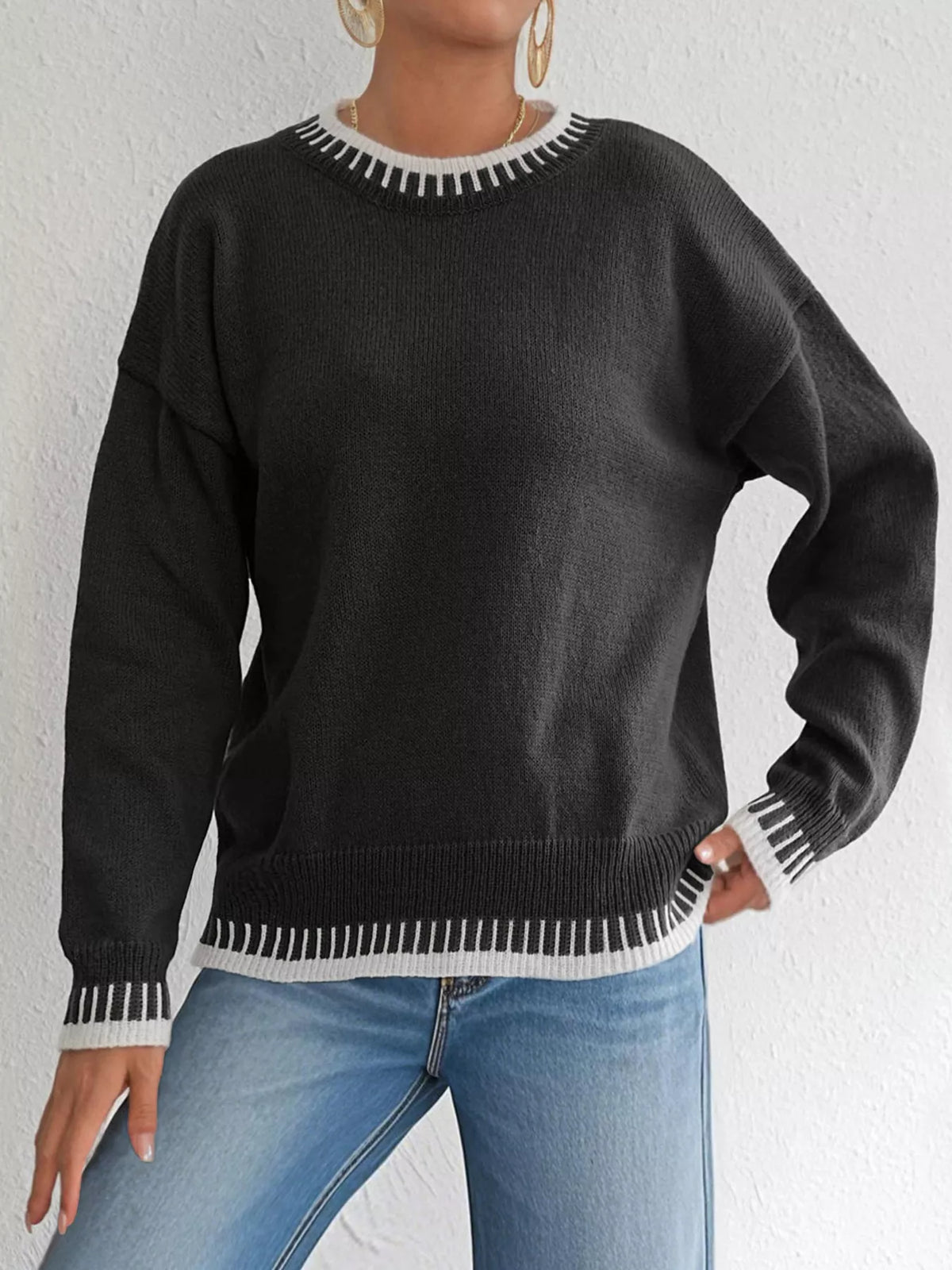 Contrast Trim Crew Neck Drop Shoulder Sweater