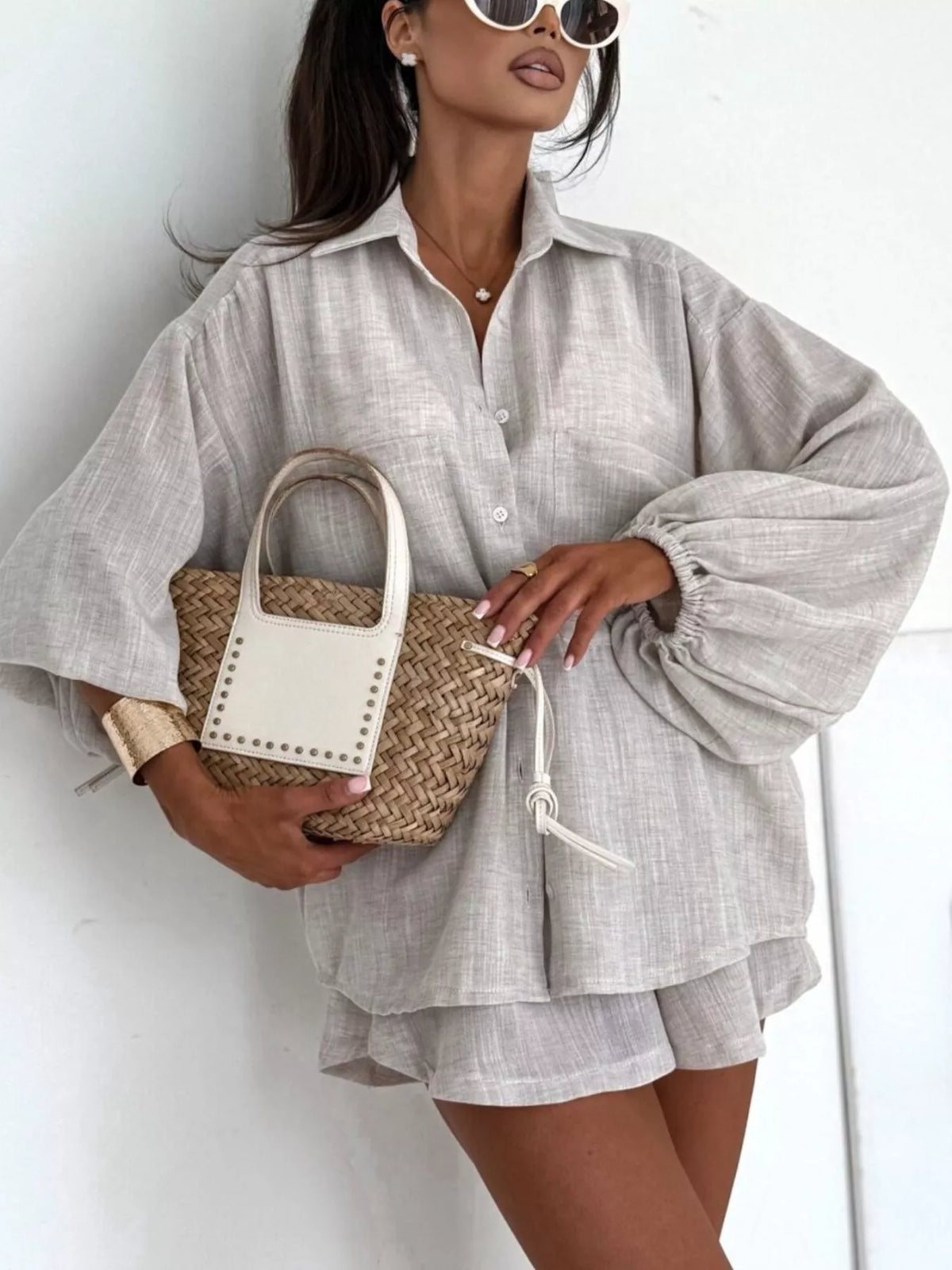 Long Sleeve Shirt and High-Waisted Shorts Set
