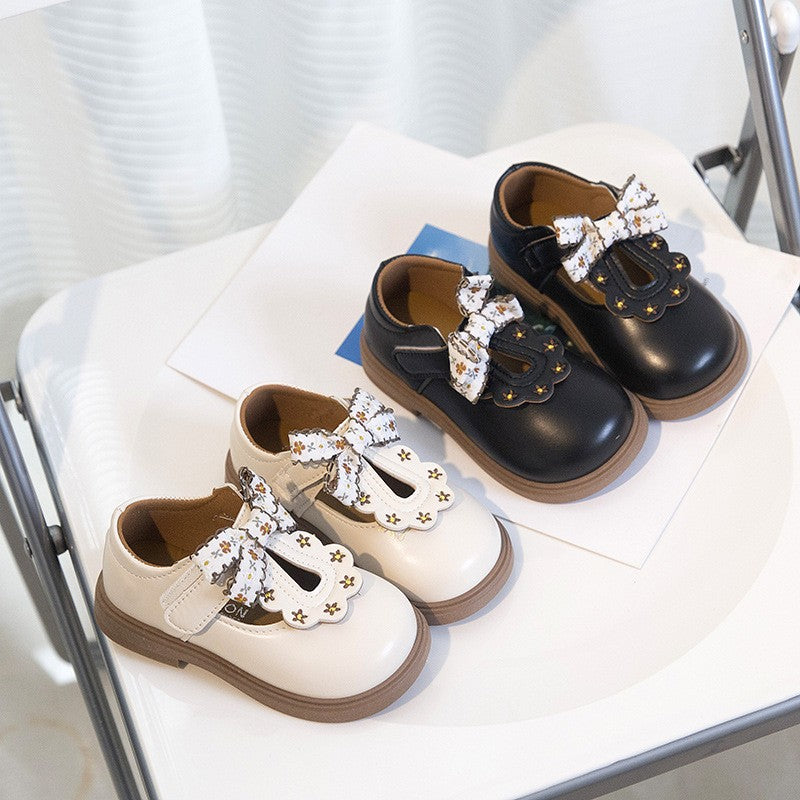 Girls Bow Flat Shoes, Pastoral Style Leather Shoes, 2025 Summer Style, Little & Big Kids, Princess Versatile Casual Shoes