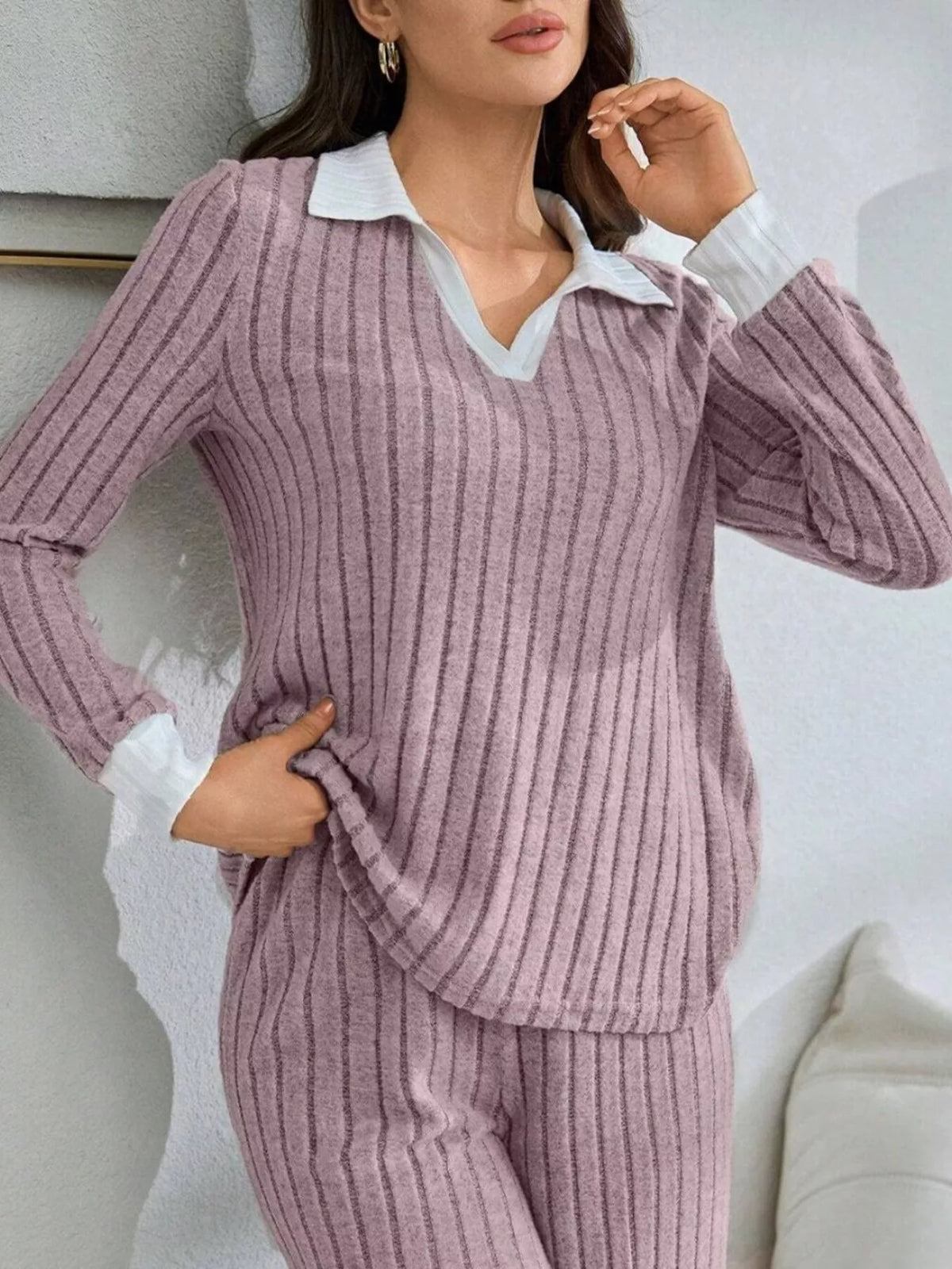 Ribbed Knit Polo Collar Top and Pants Lounge Set