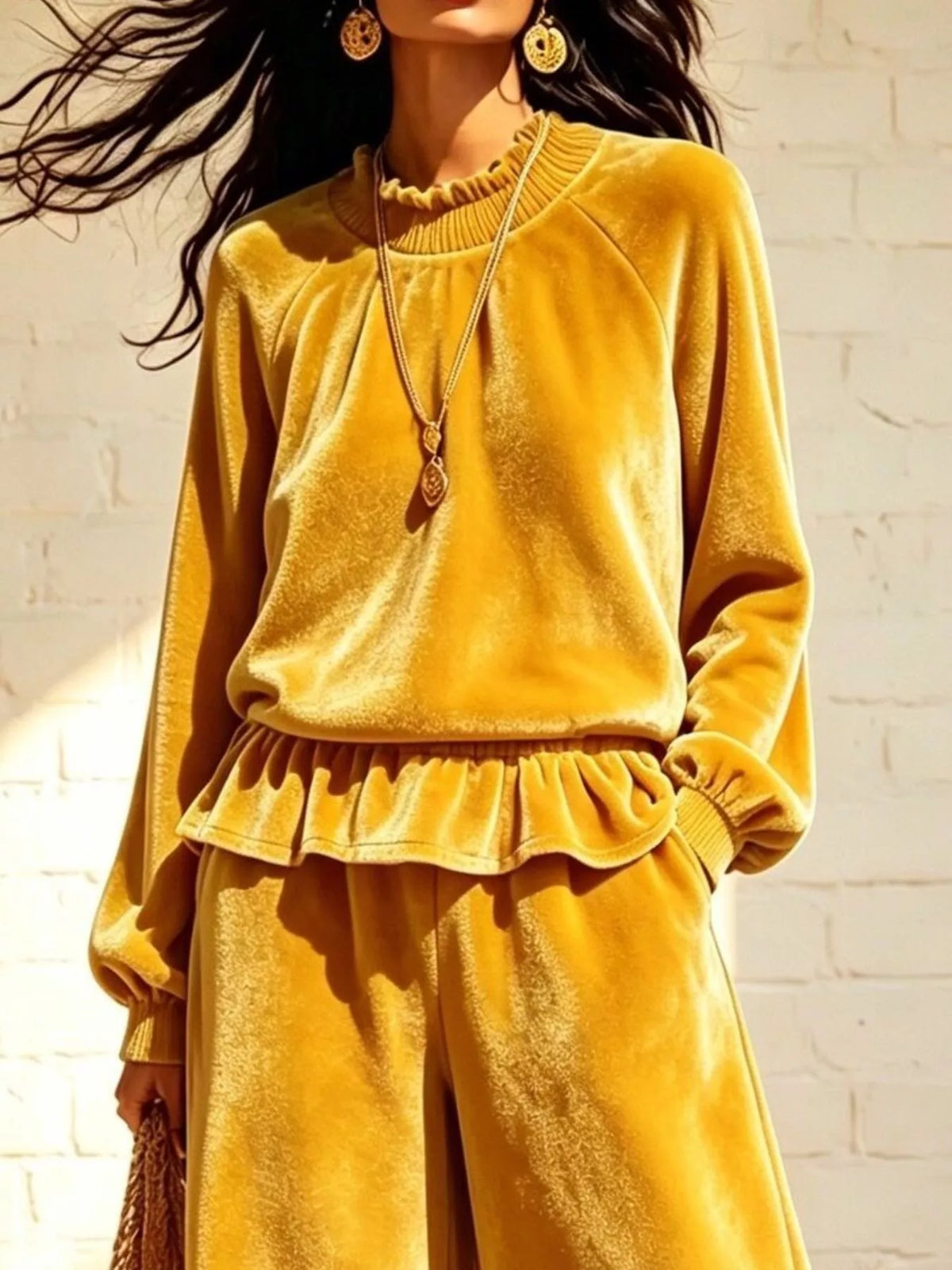 Velvet Peplum Top and Wide-Leg Pants Set